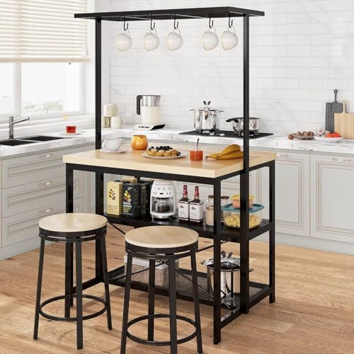 GarveeHome Kitchen Island with Storage, 42''Island Table for Kitchen, Bakers Rack Microwave Oven Stand Shelf with 3 Tier Storage Shelf for Dining Room Living Room, 5 Hooks 42"*28"*72", Natural - Image 2