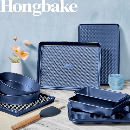 HONGBAKE 22-Piece Baking Pans Set Nonstick, Stackable Non Toxic Bakeware Sets with Diamond Texture, Oven Pan Set for Cooking, Includes Cookie Sheet with Rack, Cake Pan, Roasting Pan, Muffin Tin, Blue - Image 2