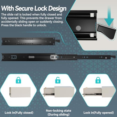 24 inch Locking Full Extension Ball Bearing Black Drawer Slides - Image 2