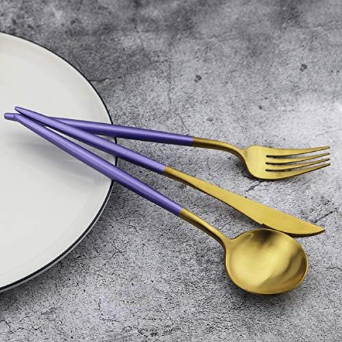 20-Piece 18/10 Stainless Steel Flatware Silverware, Luxury Dinnerware Set Travel Cutlery Tableware Include Knife Fork Spoon Service for 4, Dishwasher Safe (Purple Handle Matte Gold) - Image 4