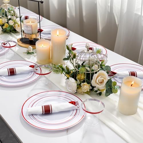WELLIFE 350-Piece Red Plastic Party Dishware Set - 50 Dinner Plates, 50 Dessert Plates, 50 Cups, 50 Plastic Cutlery - Image 6