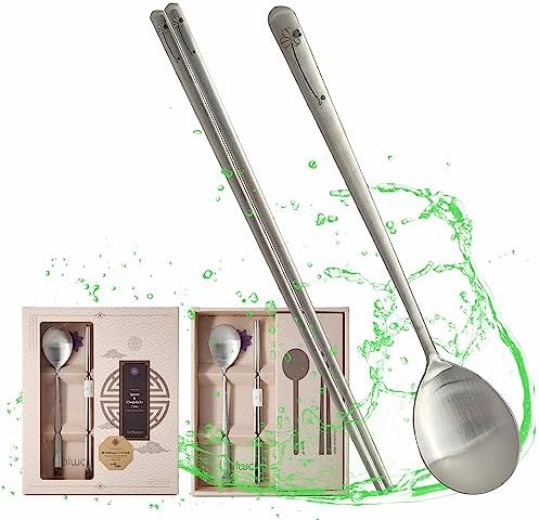 [5 Sets] [Made in Korea] Korean Sticky Rice Spoon Chopsticks Set Gold Titanium Plating 304 Stainless Steel Tableware Cutlery Set Mukbang Chopsticks (Four-leaf Clover, 5 Sets) by KoreanPremiumKitchenware