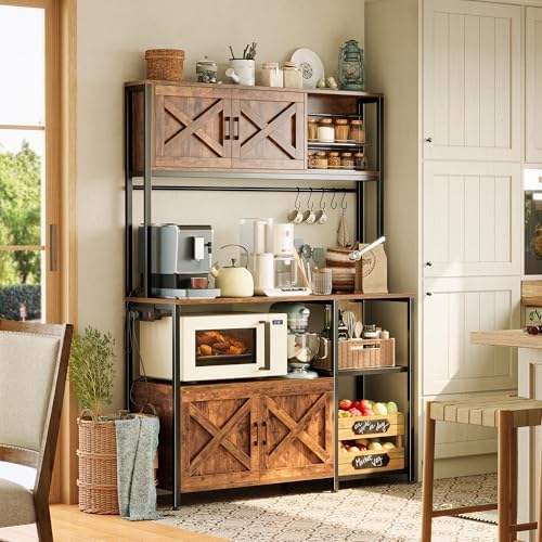 Huuger Large Bakers Rack with Power Outlet, Kitchen Microwave Stand with Cabinets, Coffee Bar Table Station with Storage, 6 S-Shaped Hooks, Mesh Shelves, 45 Inch Wooden Top, Rustic Brown - Image 2