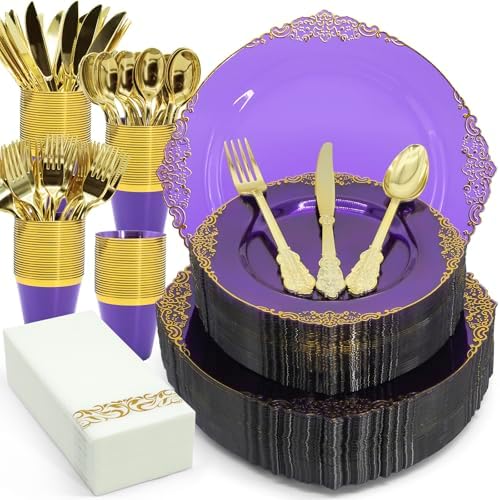 AIRE Purple Gold Plastic Plates Set, 350PCS Disposable Dinnerware for 50 by AIRE