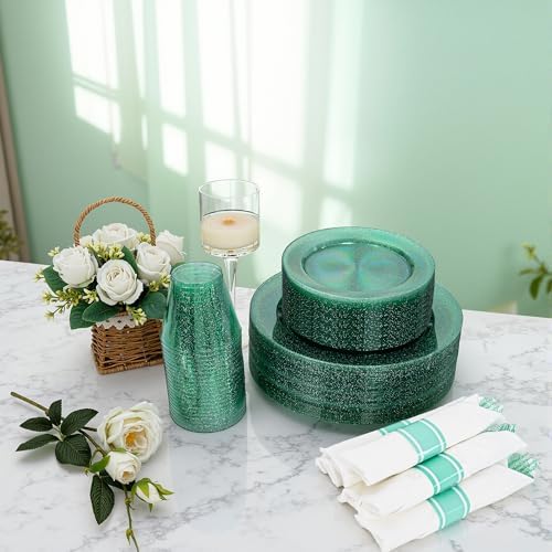 DaYammi 350PCS Green Glitter Plastic Dinnerware Set for 50 Guests - Image 2