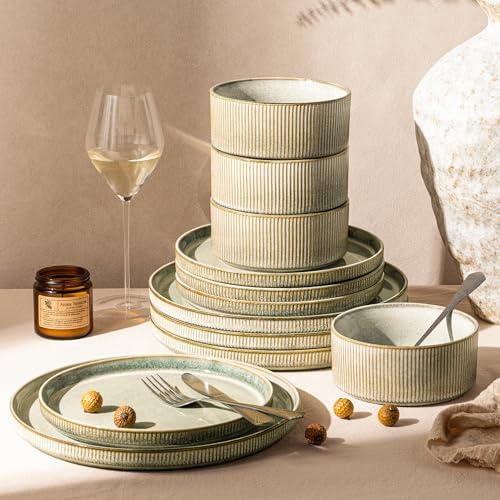 GBHOME Stoneware Dinnerware Sets for 4,12-Piece Plates and Bowls Set by GBhome