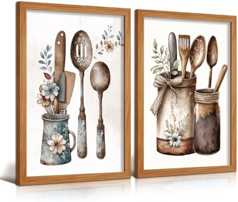 Doqueodas 2Pcs Vintage Country Kitchen Canvas Wall Art Wood Frame 16x24 in by Unknown