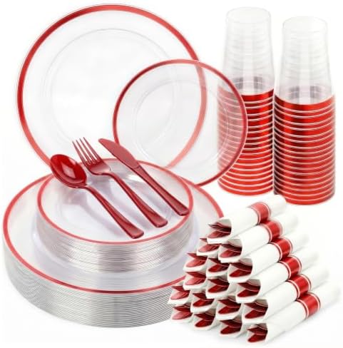 350PCS Clear Red Plastic Plates Dinnerware Sets for 50 Guests by cheerserve