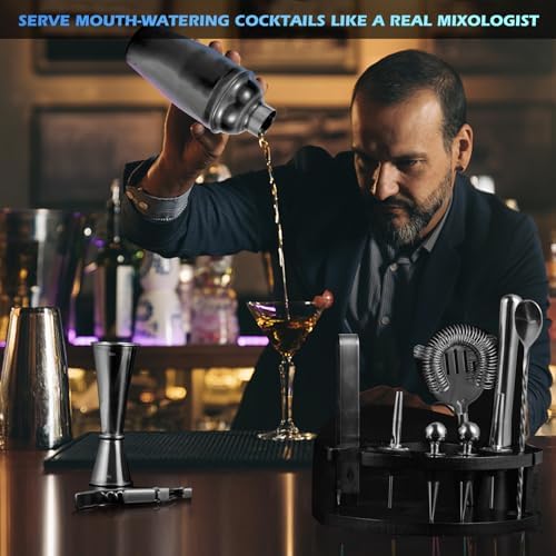 Safring Bartender Kit with Stand, 12-Piece Bar Set | 24oz Cocktail Shaker Set for Drink Mixing, Martini Shaker Set with Bar Tools, Recipes Booklet | Fun Housewarming Gift (Black) - Image 3
