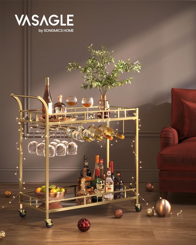 VASAGLE Bar Cart with 2 Mirrored Shelves, Wine Holders, Glass Holders - Image 2
