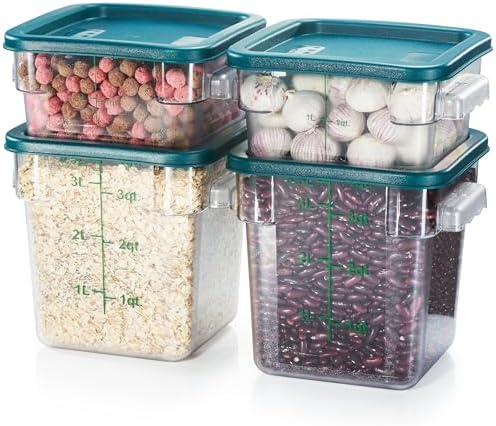 CURTA 4-Pack Food Storage Containers with Green Lids - 2 Qt & 4 Qt Square Clear Polycarbonate - NSF Listed, Commercial Grade, Freezer & Dishwasher Safe, Stackable by CURTA