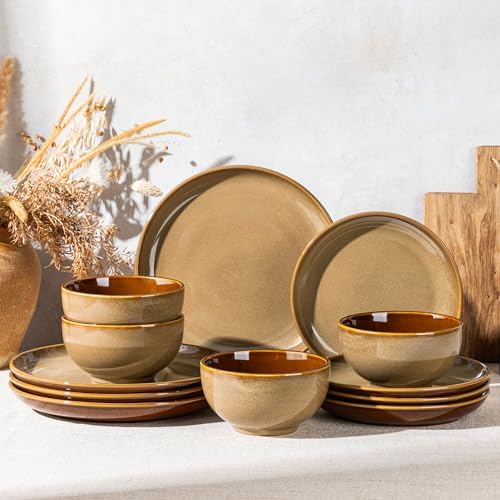 LeRatio Ceramic Dinnerware Sets for 4,12Pcs Porcelain Plates and Bowls Set by LeRatio