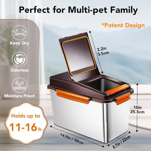 Newget 11 lb Stainless Steel Dog Food Storage Container with Scoop, Brown - Image 2