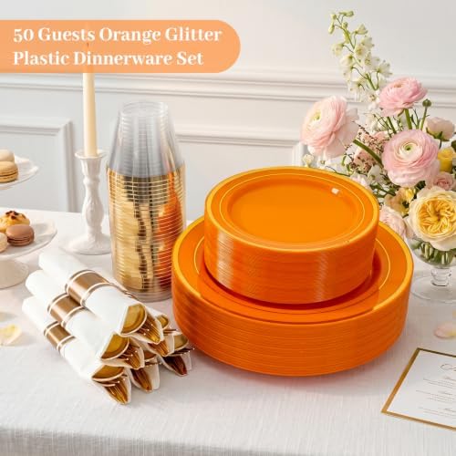 DaYammi 350PCS Orange Plastic Dinnerware Set for 50 Guests - Image 2
