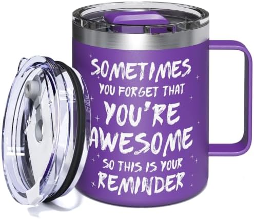 Inspirational Coffee Mug for Women, 12oz Insulated Stainless Steel Mug with Handle & 2 Lids – Sometimes You Forget You’re Awesome, Birthday & Appreciation Gift for Friend, Coworker, Purple by avodvo