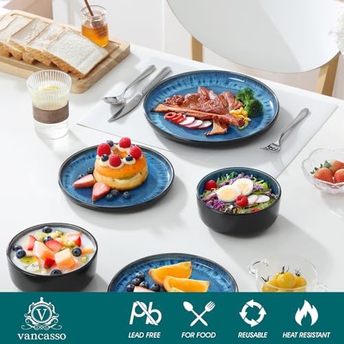 vancasso PLAYA Plates and Bowls Sets, 18 Pieces Blue Dinnerware Sets for Kitchen, Reactive Glaze Dishes Set for 6, Dishwasher and Microwave Safe - Image 3