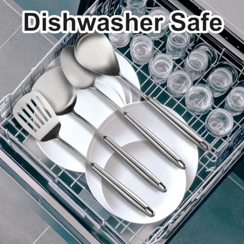 18/10 Stainlss Steel Cooking Utensils Set, 16 Pcs Long Stainless Steel Utensils Set, Metal Utensils Set with Spatula, Spoon, Ladle, Skimmer, Dishwasher Safe - Image 4