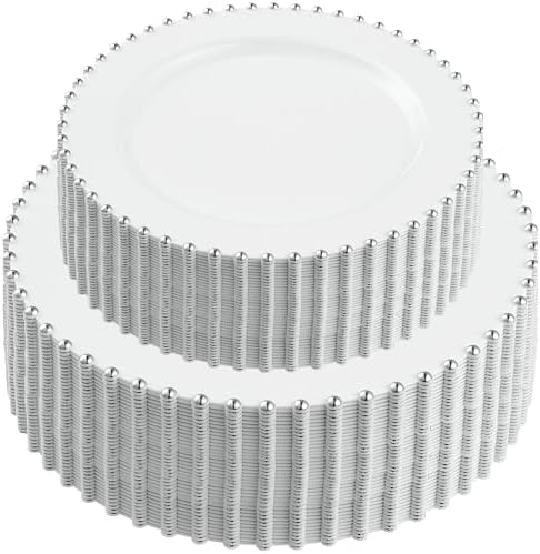 PLASTICPRO 128 Piece Combo Plastic Dinner Plates Disposable Plastic Fancy Heavy Duty Party Dishes 7 inch and 10 inch, White and Silver Beaded by PLASTICPRO