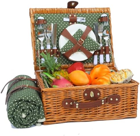 Picnic Basket for 4 Persons with Blanket,Green & White Spots by HYBDAMAI