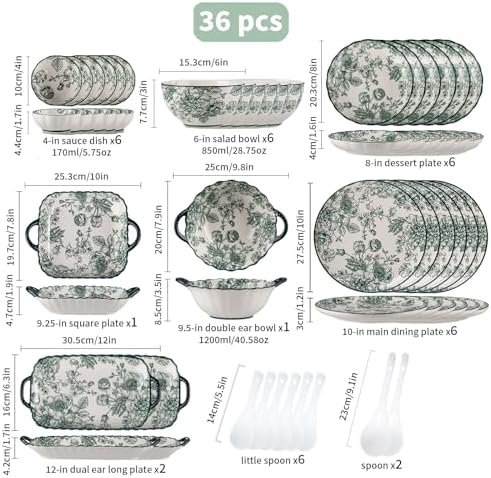 Ceramic Dinnerware Set, Series Kavara Ⅱ, (Green Rose) - Image 3