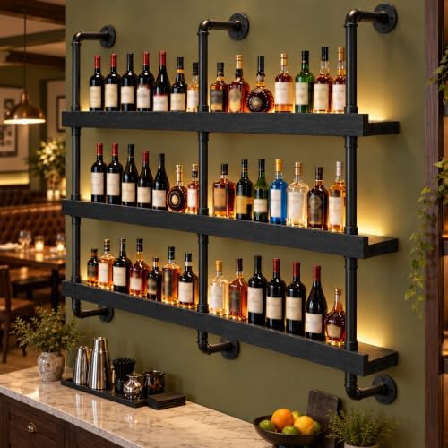 35IN 3-Tier Black Pipe Wall Mounted Wine Rack with Warm LED Light by flowercart