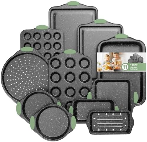 11-Piece Nonstick Bakeware Set, Stackable Baking Pans, Dark Green&Black by SlowSLog