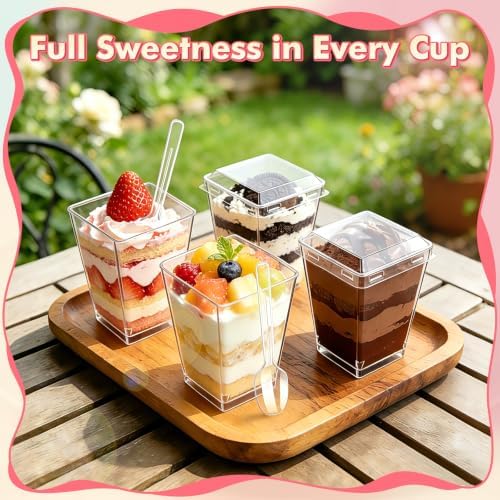 50 Pack 5oz Plastic Dessert Cups with Lids and Spoons, Clear Square - Image 3