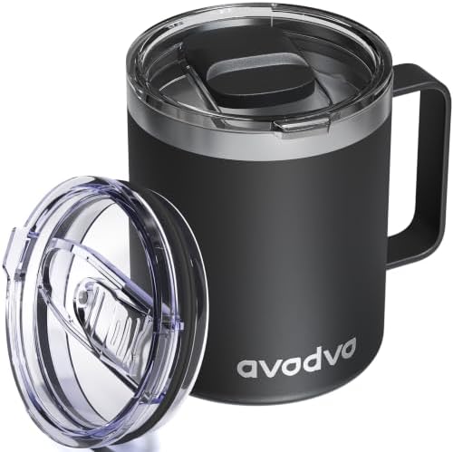 12oz Insulated Coffee Mug with 2 Lids & Handle, Stainless Steel Cup by avodvo