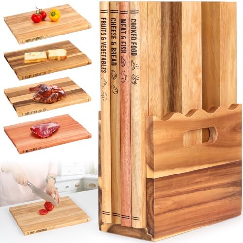 4Pcs Book Cutting Board Set with Stand - The Cutting Board Library, Solid Wood Book-Shaped Boards for Serving & Display, Labeled for Meat & Fish, Bread & Cheese, Cooked Food, Fruits & Vegetables by LASIDO