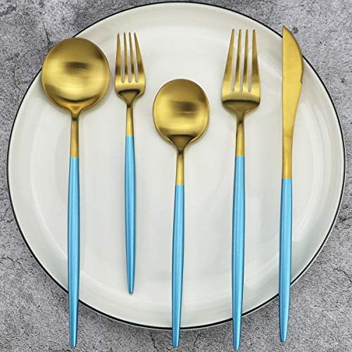 20-Piece 18/10 Stainless Steel Flatware Silverware, Luxury Dinnerware Set Travel Cutlery Tableware Include Knife Fork Spoon Service for 4, Dishwasher Safe (Blue Handle Matte Gold) - Image 3