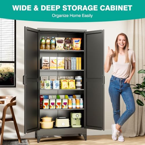SISESOL 71" Tall Pantry Cabinet,Farmhouse Kitchen Pantry Storage Cabinets with 2 Doors and 5 Shelves,Black Metal Storage Cabinet,Large Cupboard for Home,Kitchen,Dining/Living Room - Image 2