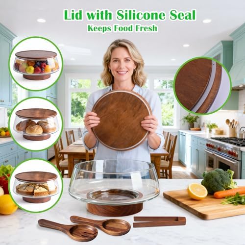 Extra Large Glass Salad Bowl with Lid Set, 5-Qt (160 fl oz) Mixing/Serving Bowl with Wood Base & Salad Servers, Trifle Bowl for Kitchen, Parties & Christmas - Image 5