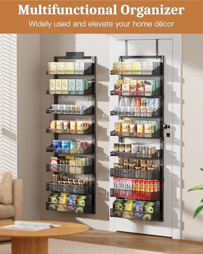 POKIPO 8-Tier Over the Door Pantry Organizer, Large Metal Door Spice Rack with Adjustable Basket, 2 in 1 Wall Mount or Hanging Heavy-Duty Pantry Door Storage Shelf for Kitchen and Bathroom, Black - Image 2