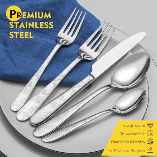 40 Piece Silverware Set, Service for 8, EIUBUIE Premium Stainless Steel Cutlery Set, Mirror Polished Flatware Sets with Pattern Handle, Modern Kitchen Eating Utensils Sets - Image 4
