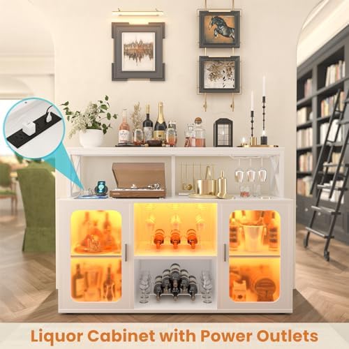 Aheaplus Bar Cabinet with Power Outlet, Liquor Cabinet with Led Lights and Glass Holders, Storage Buffet Cabinet Coffee Bar Cabinet for Liquor, Wine Cabinet with Racks for Home, Kitchen,-G2, White - Image 3