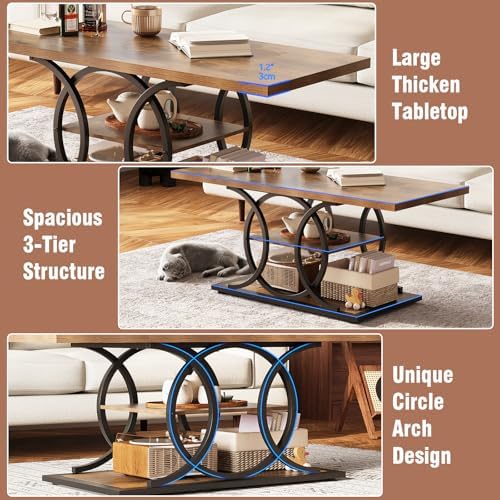 GiftGo Rustic Coffee Table with Storage Industrial 3 Tier Center Living Room Table Farmhouse Wooden Rectangle Cocktail Tea Table for Office Bedroom Elegant Full Moon Round Metal Frame (Brown, L-47) - Image 5
