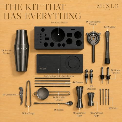 Mixology Bartender Kit - 22Pcs Bar Set Cocktail Shaker Set w Black Bar Cart Accessories Stand - Shakers Bartending Gun Metal Black Tools, 24oz Shaker, 17 Recipe Cards, Martini Barware - Image 3