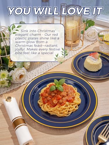 WDF Partyware 175PCS Blue and Gold Plastic Plates - Navy Blue Plates with Pre Rolled Napkins for Party - 25Guest Disposable Dinnerware Sets for Party/Birthday/Wedding - Image 5