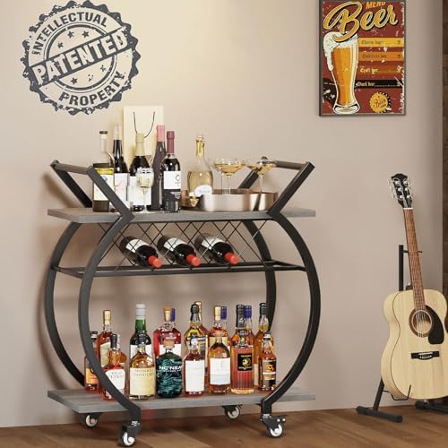 LVB Bar Carts for the Home, Industrial Wine Cart with Storage, Grey Oak - Image 3