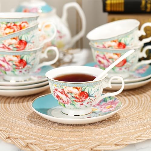 fanquare 21 Piece Vintage Green Floral Porcelain Tea Set for Adults - Image 4
