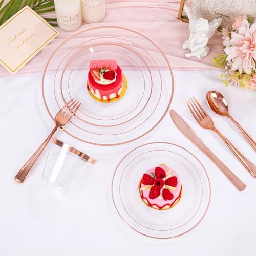 bUCLA 300PCS Rose Gold Plastic Dinnerware - Clear Dinnerware Set Disposable Include 50 Dinner Plates,50 Dessert Plates,50 Knives,50 Forks,50 Spoons,50 Cups for Party & Wedding - Image 4