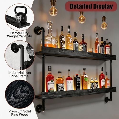 Wall Mounted Wine Rack with LED Light - 2-Tier Solid Wood Industrial Rustic Floating Shelves, Bottle Storage Organizer for Kitchen, Bar, Pub, Cellar, Home Bar (Black, 2-155cm/61in) - Image 6