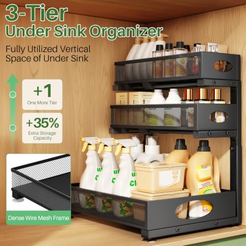 Kitstorack Under Sink Organizer 3-Tier Slide Out Drawer 2-Pack Black - Image 3