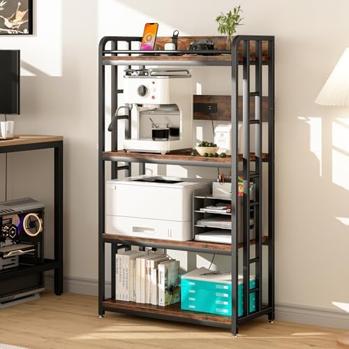METYERRY Microwave Stand with Storage, 4-Tier Kitchen Bakers Rack with Power Outlet and USB Charging Ports, Rolling Kitchen Cart with Lockable Wheels and Adjustable Shelves for Coffee Bar, Rustic Brow - Image 2