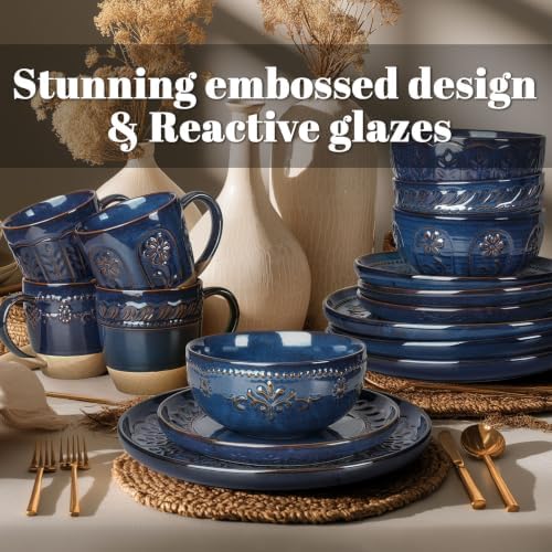 Artena 16-Piece Handcrafted Ceramic Dinnerware Set with Mugs, Service for 4 – Reactive Glaze Embossed Plates, Bowls & Mugs, Dishwasher & Microwave Safe, Blue, Multiple Patterns - Image 3