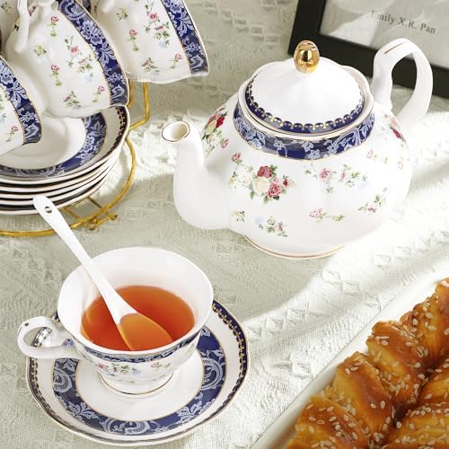 fanquare 21-Piece Blue Lace and Roses Bone China Tea Sets for Adults - Image 4