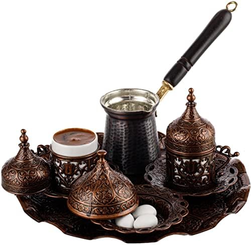 DEMMEX Turkish Greek Arabic Coffee Making and Serving Full Set with Cups Saucers Lids Sugar Bowl Tray and Copper Coffee Pot, 12 Pcs by DEMMEX