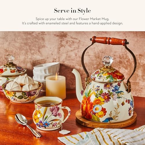 MACKENZIE-CHILDS Enamel Mug, Cute Enamelware Coffee and Tea Mug, Unique Drinkware, 16 Ounces, White Flower Market, Set of 4 - Image 2