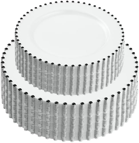 PLASTICPRO 128 Piece Combo Plastic Dinner Plates Disposable Plastic Fancy Heavy Duty Party Dishes 7 inch and 10 inch, White and Black Beaded by PLASTICPRO
