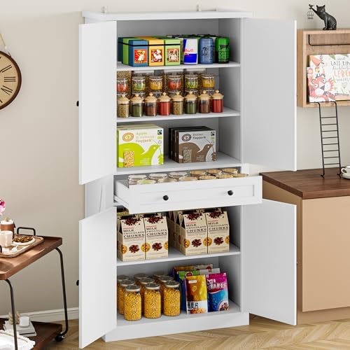 BORNOON Pantry Organizers and Storage Cabinet, 67.7” Barn Door White Kitchen Cabinet with Drawers and Adjustable Shelf, Tall Pantry for Kitchen, Dining Room, Living Room - Image 3